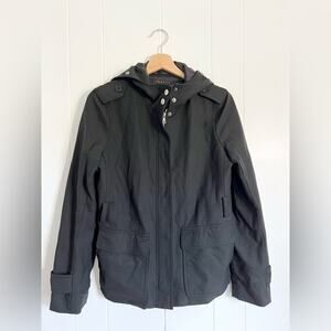 Theory hooded jacket black coat zip up casual fall winter warm cozy